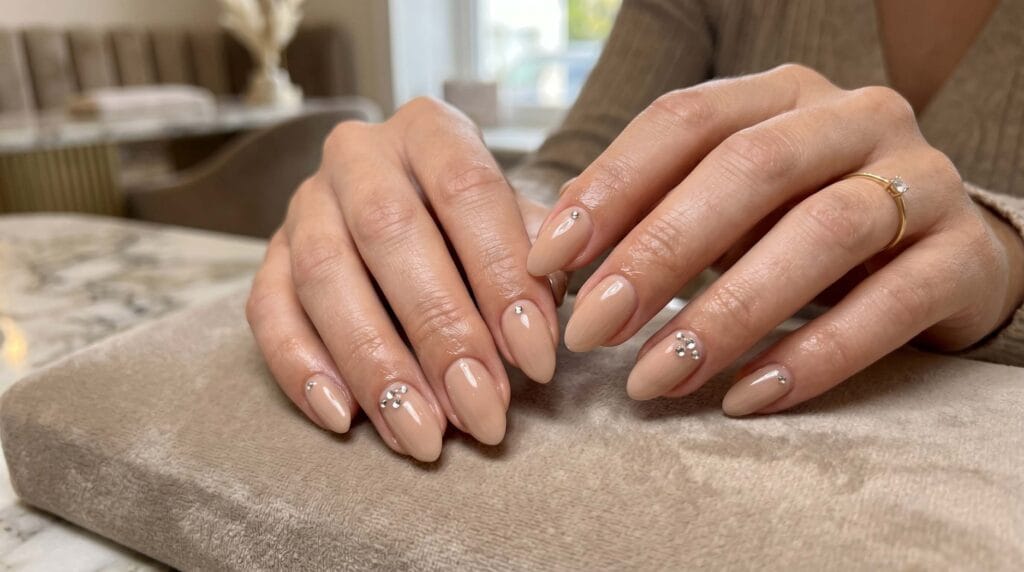 Close-up of nude nails decorated with small rhinestone accents, featuring a glossy, clean, and elegant manicure finish.