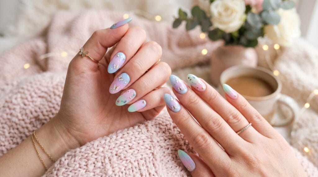 Close-up of pastel ombre nails with smooth soft gradient colors and a glossy, elegant manicure finish.