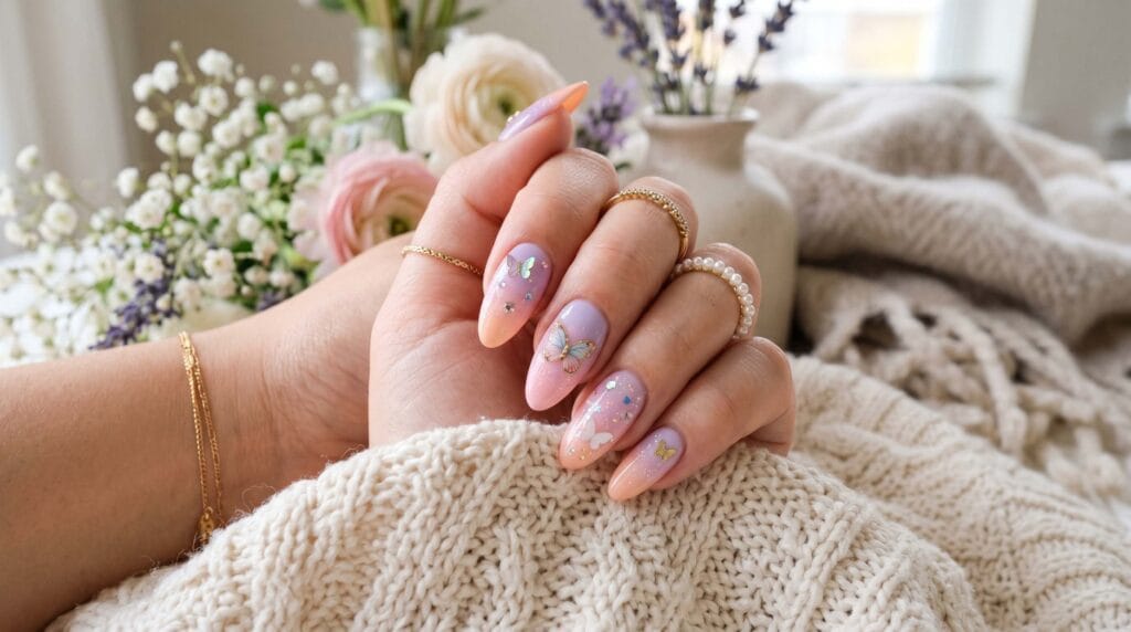 Close-up of pastel ombre nails featuring soft gradient colors with a smooth glossy and elegant manicure finish.