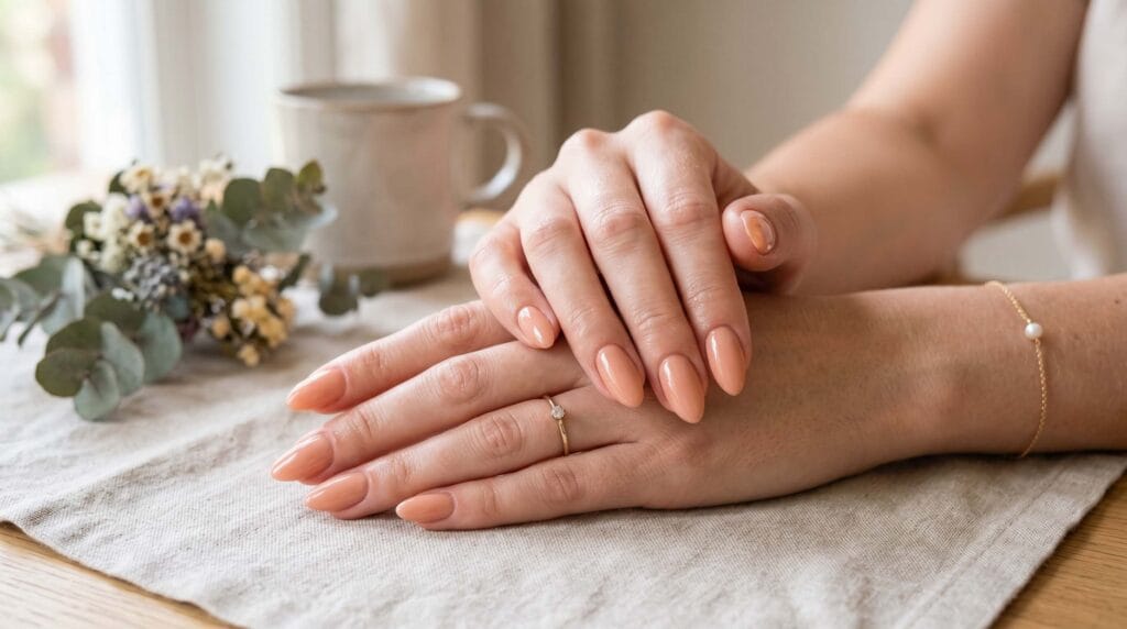 Close-up of peach nude gel nails with a smooth glossy finish and soft natural elegant manicure style.