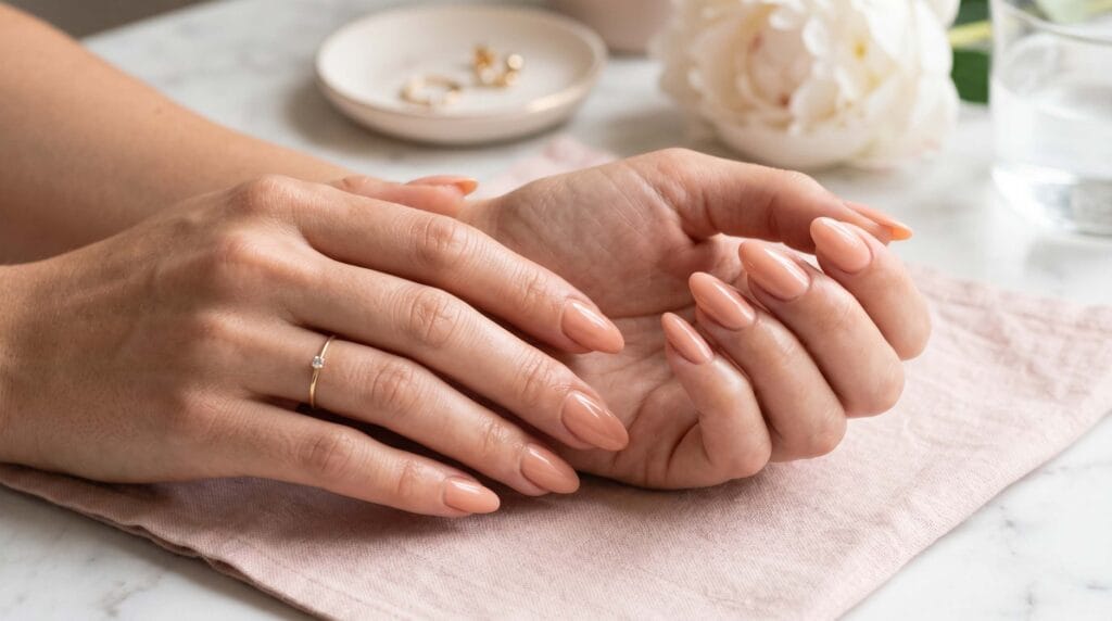 Close-up of peach nude gel nails with a smooth glossy finish and natural elegant manicure style.