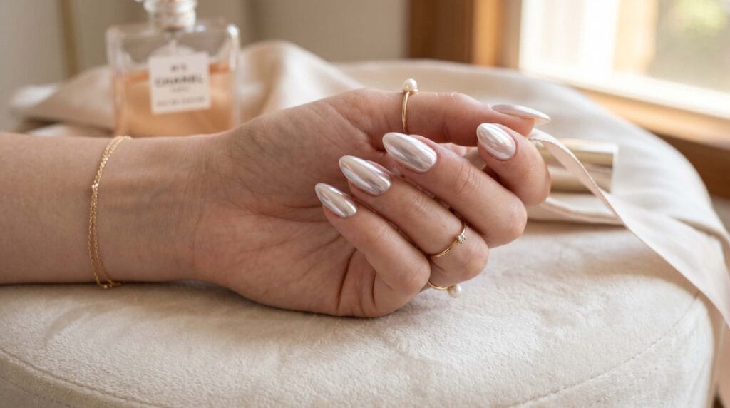 Close-up of pearl chrome nails with a highly reflective metallic finish and elegant glossy manicure style.