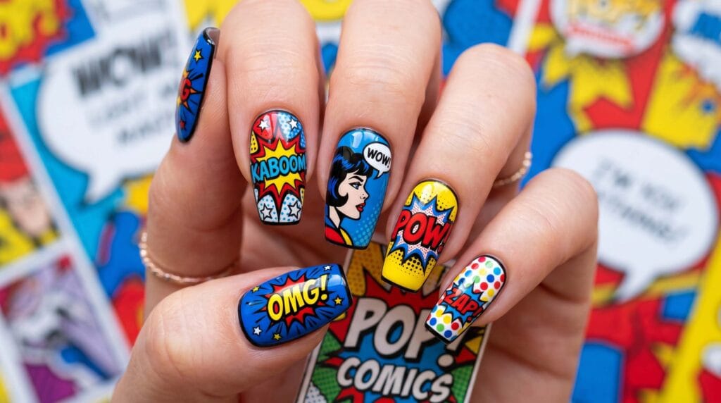 Close-up of pop art comic style nail art featuring vibrant colors, bold outlines, and a glossy creative manicure finish.