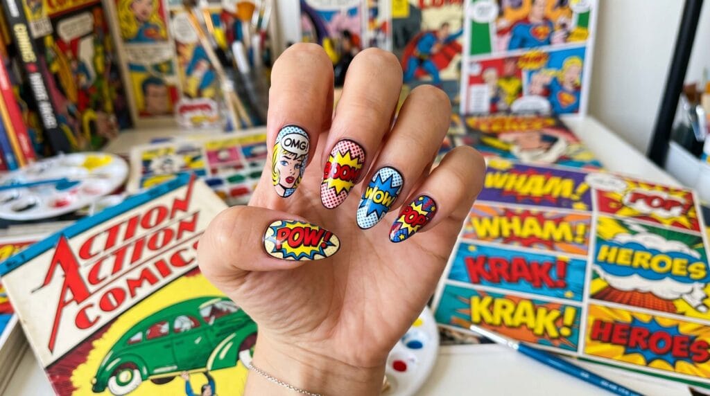 Close-up of pop art inspired nail design featuring bold comic-style patterns, vibrant colors, and a glossy artistic manicure finish.