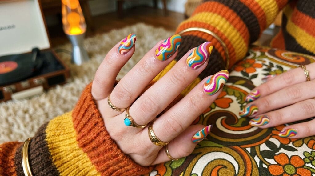 Close-up of psychedelic swirl nails featuring vibrant multicolor patterns with a glossy, artistic manicure finish.
