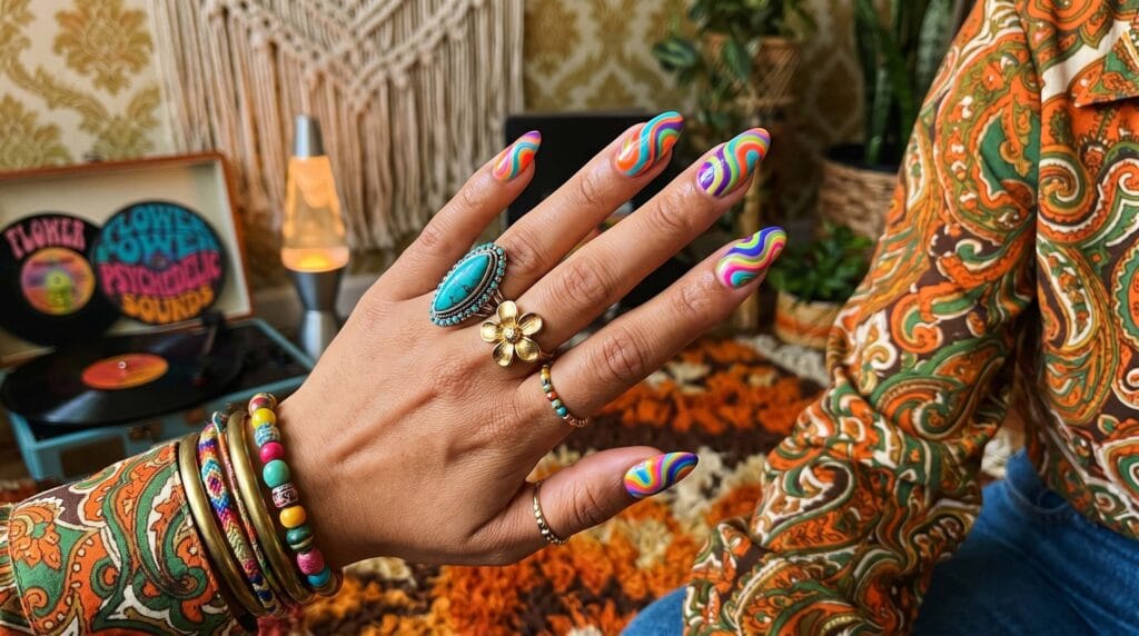 Close-up of psychedelic swirl nails with vibrant multicolor flowing patterns and a glossy artistic manicure finish.