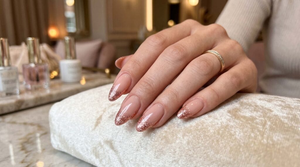 Close-up of nails with rose gold glitter tips on a natural base, featuring a glossy and elegant manicure finish.