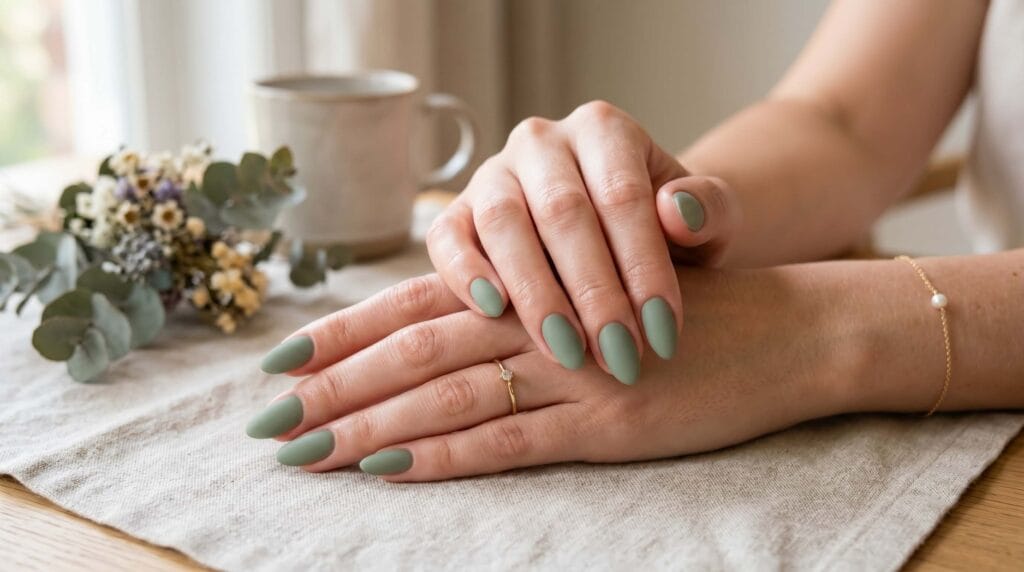 Close-up of sage green matte nails with a smooth soft finish and trendy minimalist manicure style.