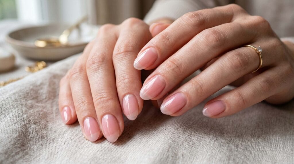Close-up of sheer pink jelly nails with a transparent glossy finish and soft natural-looking manicure style.