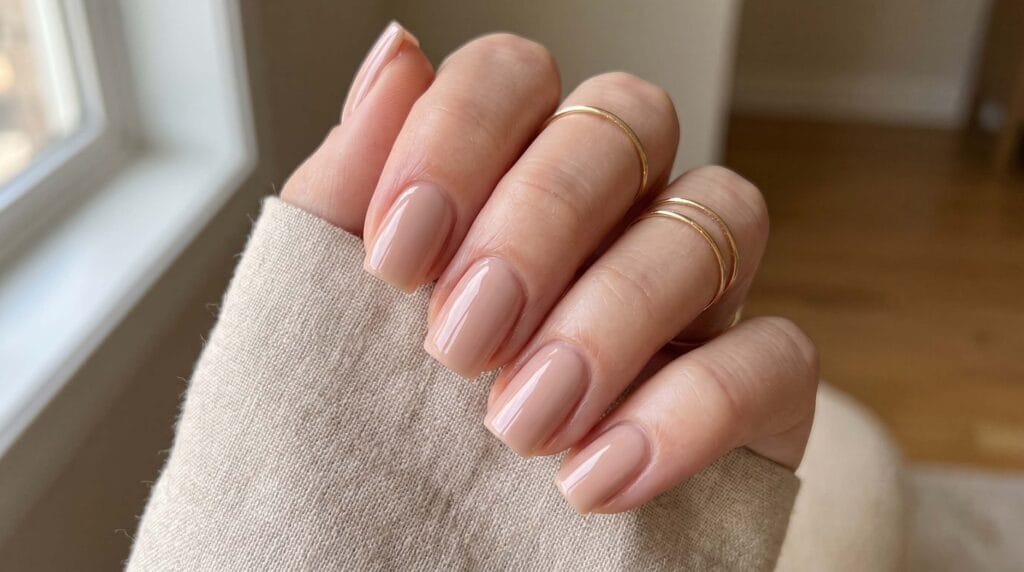Close-up of short square-shaped nude nails with a clean, natural look and smooth glossy manicure finish.