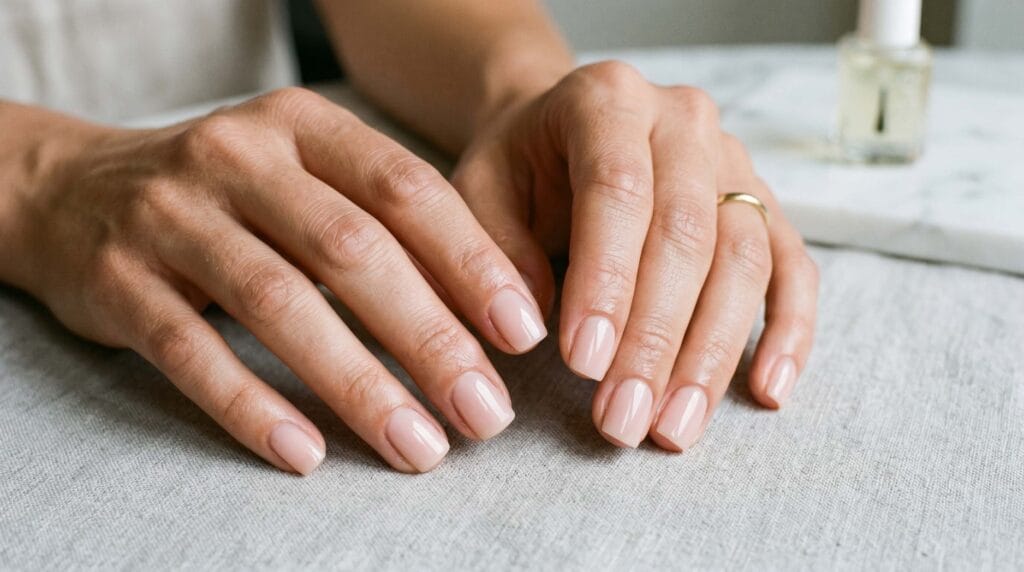 Close-up of short square nude nails with a smooth natural finish and clean minimalist manicure look.