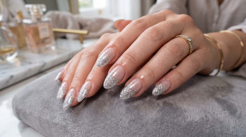 Close-up of silver glitter ombre nails with a sparkling gradient and glossy glamorous manicure finish.