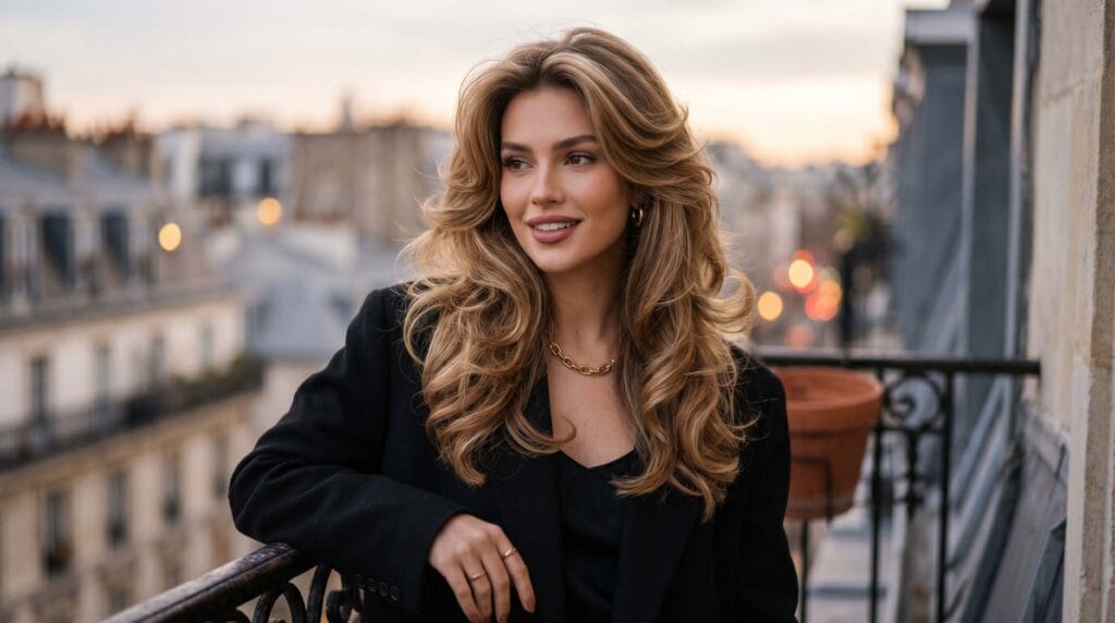 Beautiful 90s-inspired blowout hairstyle featuring dramatic volume, bouncy layers, and a glossy salon-finished look on long hair.