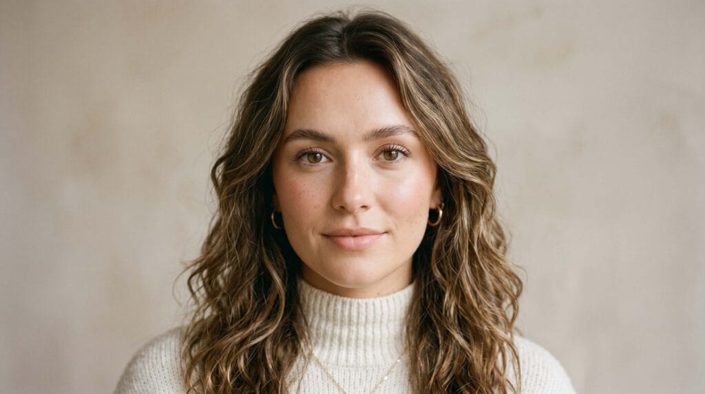 Stylish British fashion girl featuring a voluminous blowout hairstyle with smooth glossy layers, wearing a chic modern street style outfit in an urban fashion portrait.