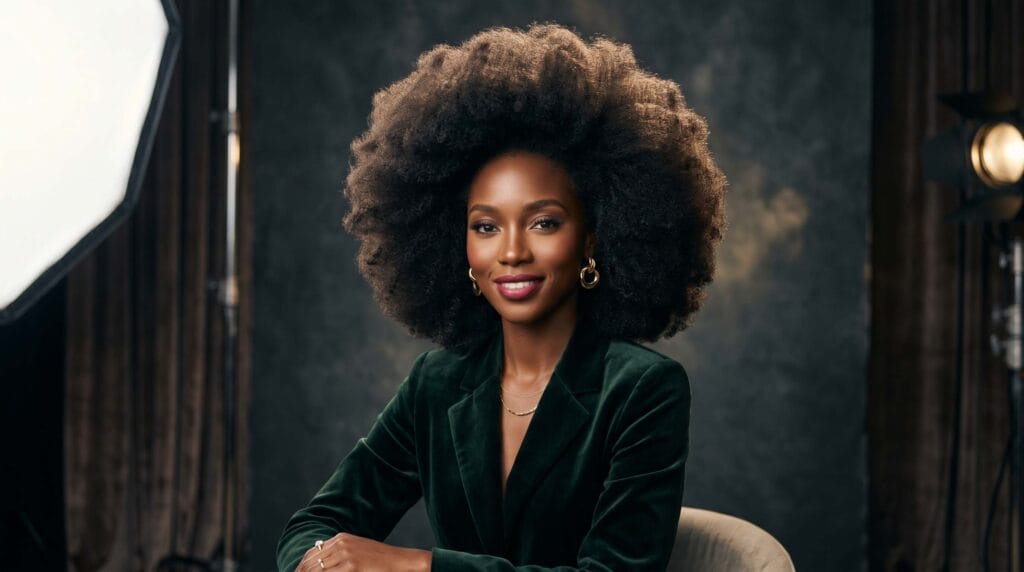 Afro blowout hairstyle featuring elegant volume, natural textured curls, and a soft, defined salon-quality finish.