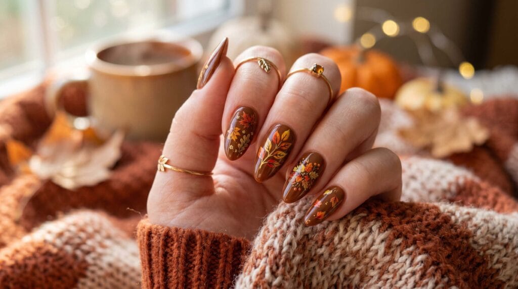 Autumn brown nails with delicate leaf art design, seasonal manicure inspiration, cozy fall nail style, and elegant nail art details.