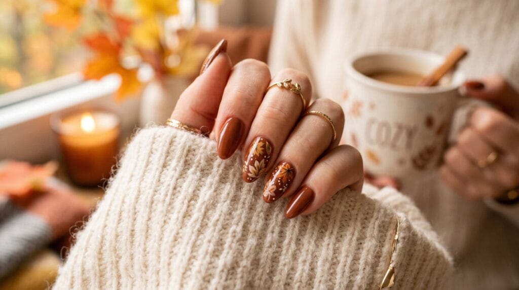 Autumn brown nails with leaf accent nail art, warm seasonal manicure, fall-inspired nail design, and elegant earthy beauty style.