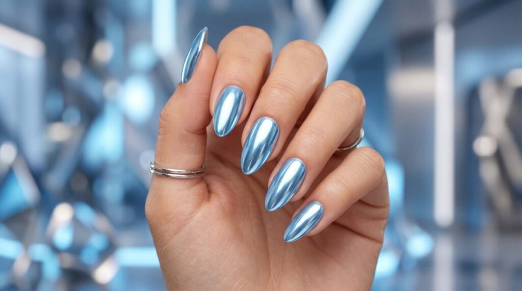 Baby blue chrome nails with a metallic reflective shine, trendy modern manicure, stylish nail art design, and elegant beauty inspiration.
