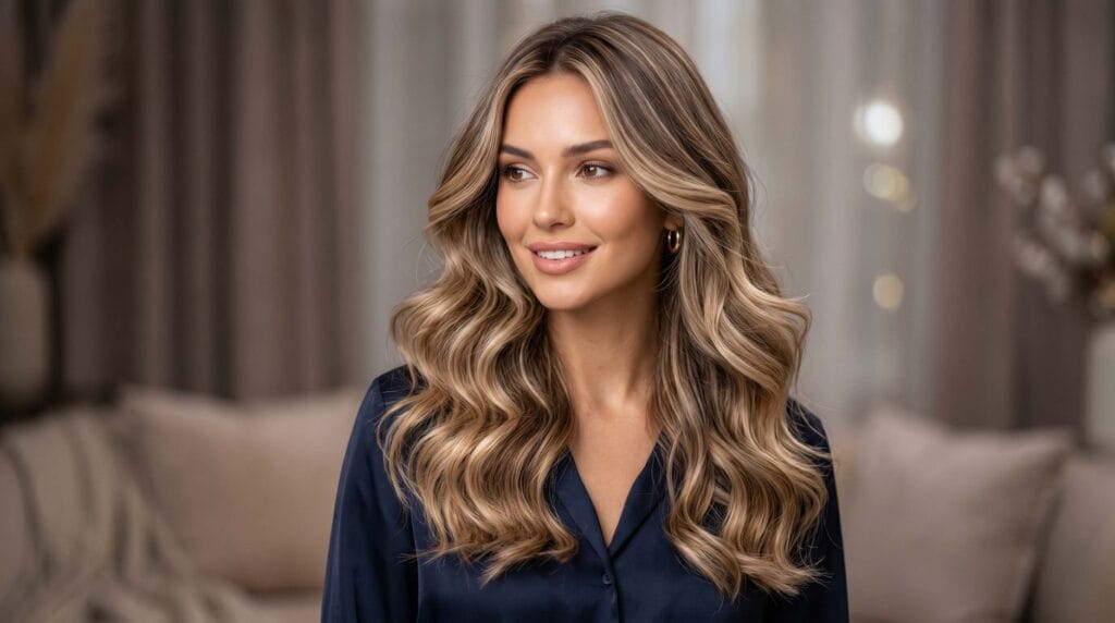 Balayage blowout hairstyle featuring dimensional blonde tones, soft volume, and a smooth salon-quality finish.
