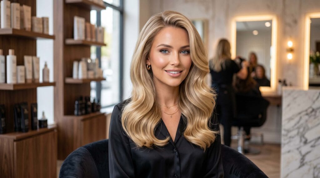 Blonde blowout hairstyle featuring shiny smooth hair, soft volume, and a polished salon-quality finish.