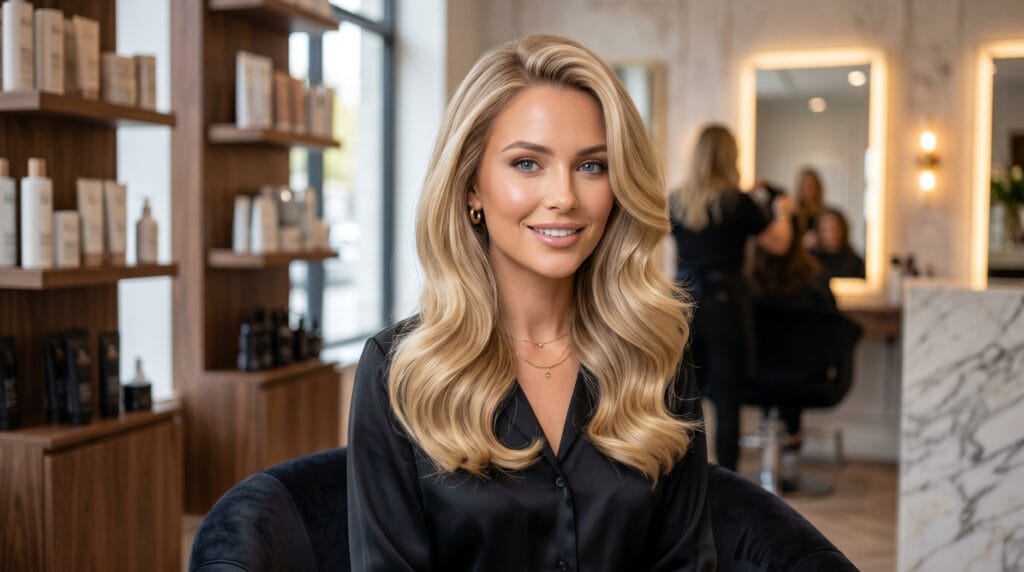 Beautiful blonde blowout hairstyle featuring shiny smooth hair, soft volume, and a professional salon-finished look.