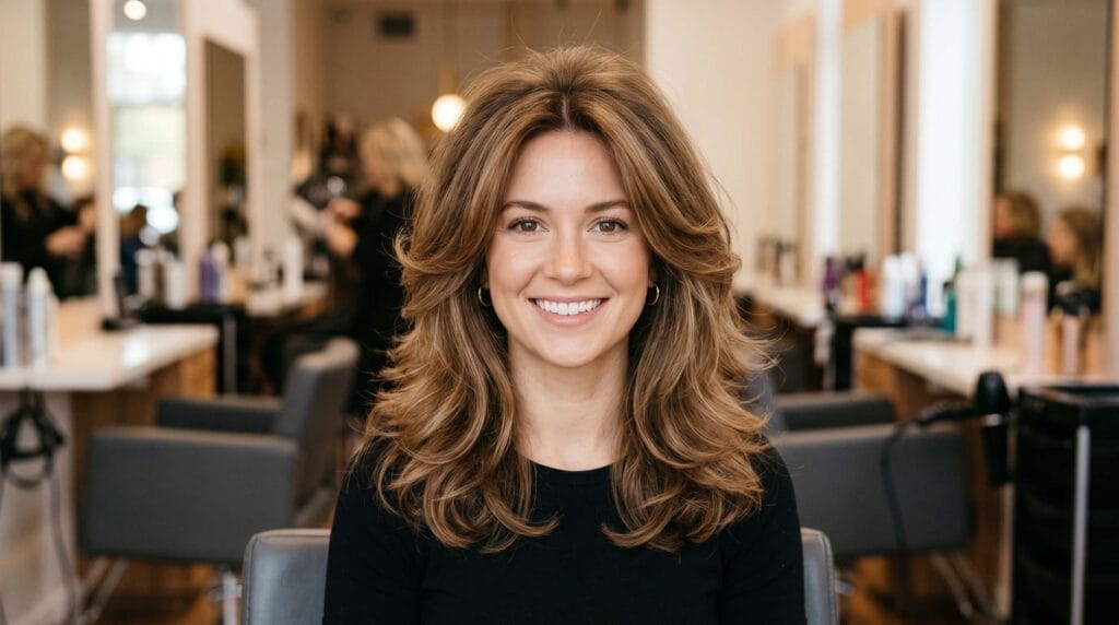 Blowout hairstyle for fine hair featuring added volume, lifted roots, and a smooth salon-quality finish for fuller appearance.