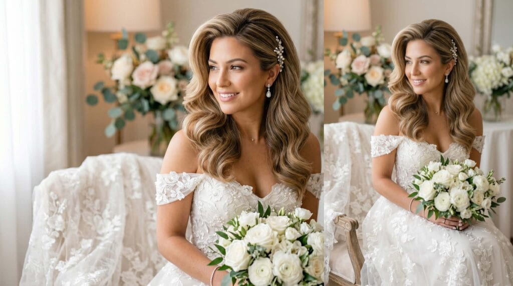 Bridal blowout hairstyle featuring elegant volume, soft romantic waves, and a smooth salon-quality finish for wedding look.