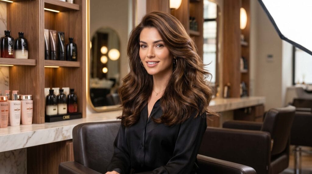 Brunette blowout hairstyle featuring natural volume, soft layered movement, smooth texture, and a glossy salon finish.