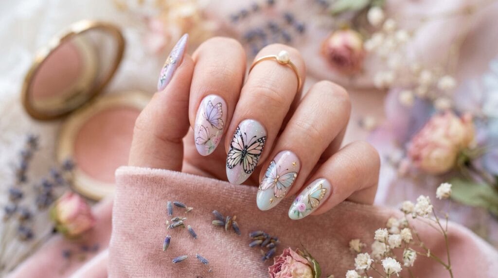 Butterfly nail art with pastel colors, dreamy feminine manicure design, colorful nail inspiration, and elegant spring beauty style.