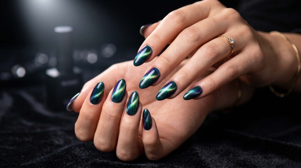 Cat-eye magnetic nails with a shimmering reflective effect, trendy modern manicure, glowing nail art design, and stylish beauty inspiration.
