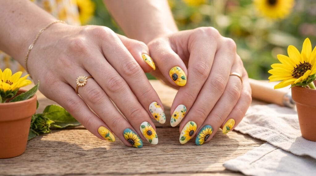 Cheerful Sunflower Nail Art on Bright Summer Nails