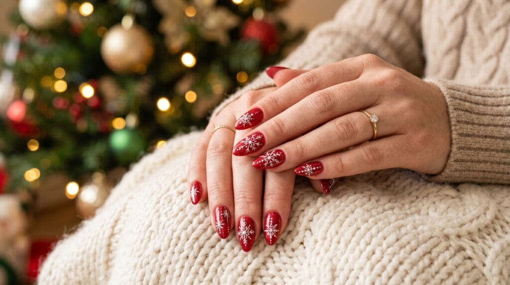 Christmas red nails with delicate snowflake design, festive holiday manicure, seasonal nail art, and elegant winter beauty inspiration.