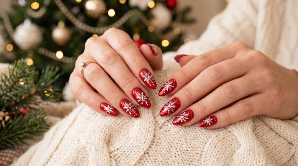Christmas red nails with delicate snowflake nail art, festive holiday manicure, seasonal beauty design, and elegant winter nail inspiration.