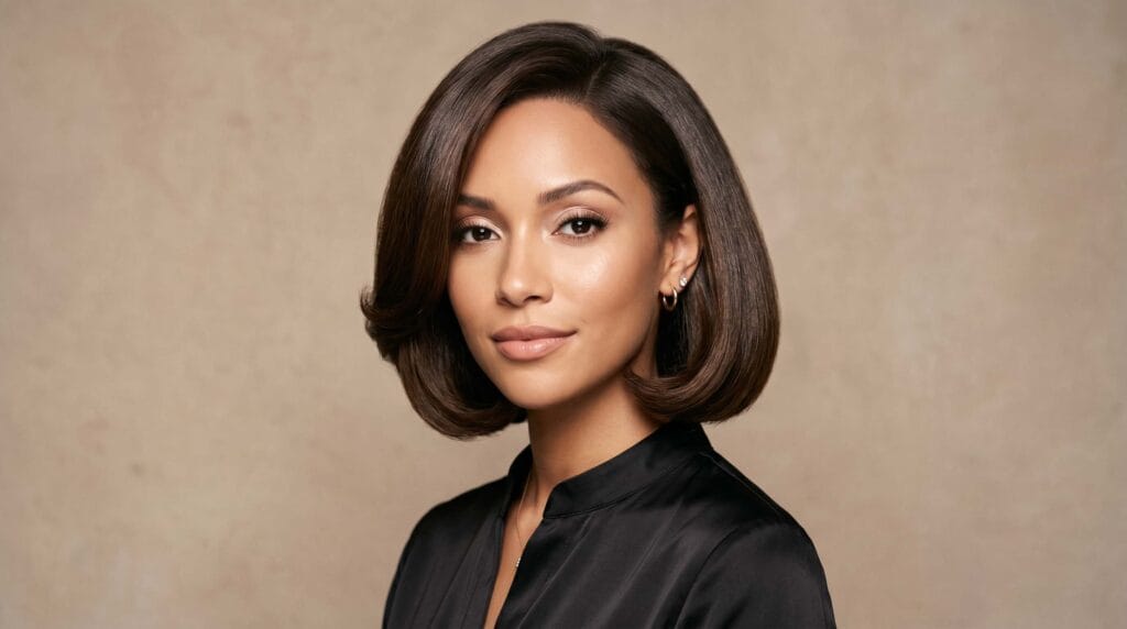 Classic bob blowout hairstyle featuring a rounded shape, smooth volume, and a polished salon-quality finish.