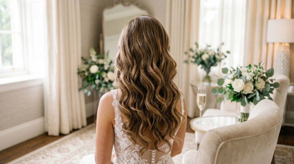 Classic bridal blowout hairstyle featuring cascading layers, soft volume, smooth texture, and a romantic salon-finished look.