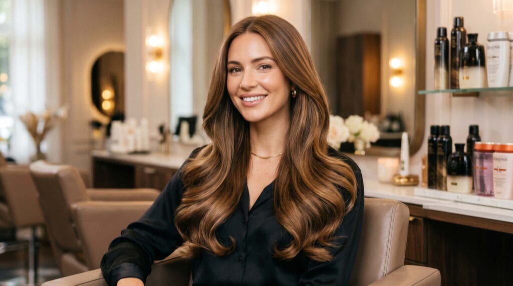 Classic long hair blowout hairstyle featuring smooth shine, soft volume, and a polished salon-quality finish.