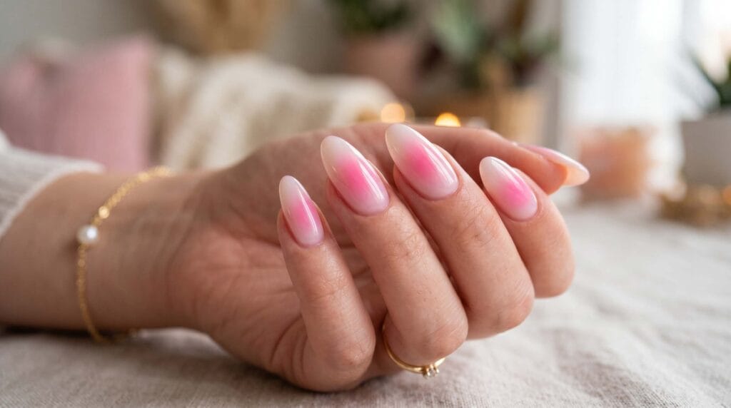 Close-up of pink aura nails with a soft glowing effect, trendy manicure, elegant pink nail design, modern nail art inspiration.