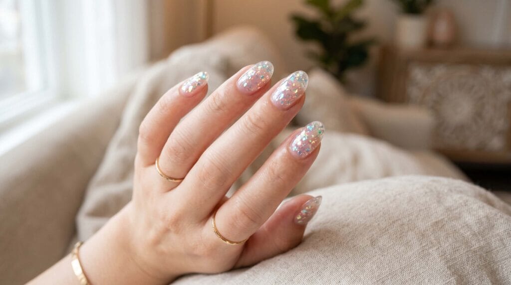 Close-up of transparent jelly nails featuring a glossy finish, sparkling glitter accents, trendy Korean-inspired manicure, and modern nail art design.