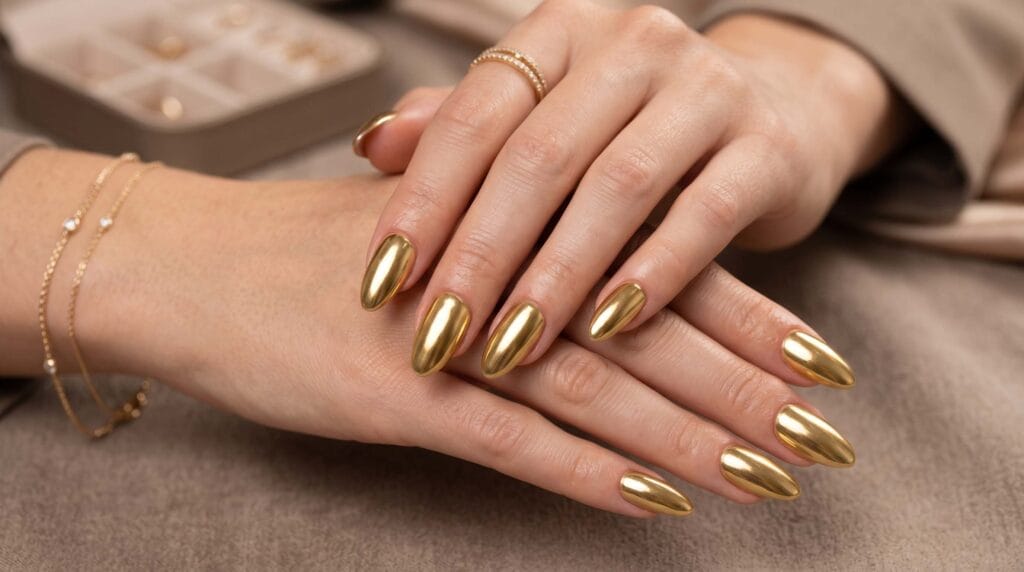 Close-up shot of hands with elegant nail art, perfectly manicured nails, glossy finish, stylish manicure design, and modern beauty inspiration.