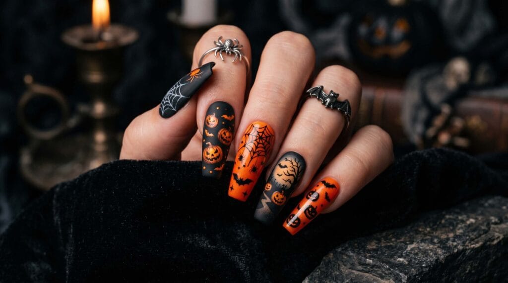 Creative Halloween-inspired nails with spooky themed nail art, seasonal manicure design, bold festive beauty style, and unique nail inspiration.