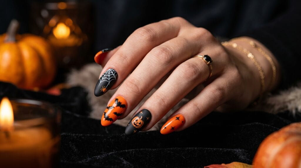 Creative Halloween-inspired nails with spooky artistic nail design, bold seasonal manicure, festive themed nail art, and unique beauty inspiration.