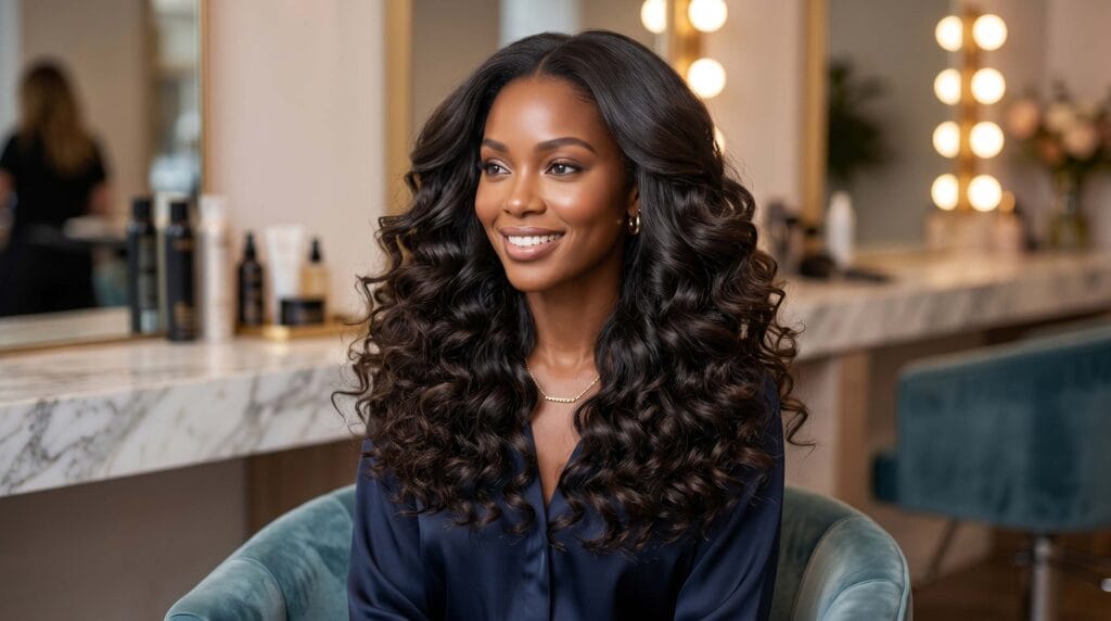 Curly hair blowout style featuring smooth roots, defined curls, and a voluminous salon-quality finish.