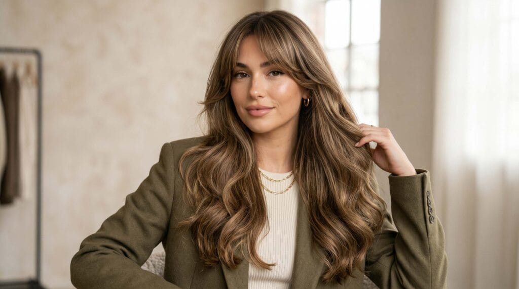 Curtain bangs blowout hairstyle featuring soft volume, smooth layers, and a salon-quality finish with face-framing bangs.