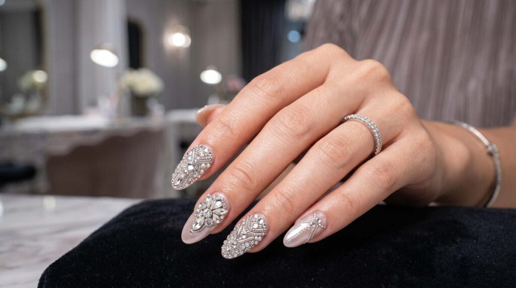 Diamond-inspired luxury nails with intricate crystal embellishments, sparkling rhinestones, elegant manicure, glamorous nail art design.