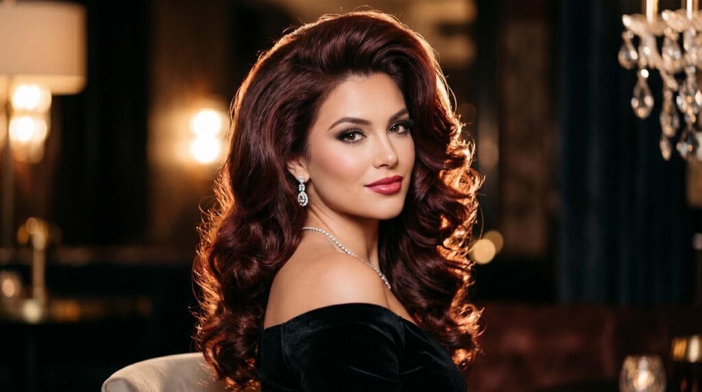 Dramatic Hollywood blowout hairstyle in deep mahogany color featuring voluminous waves, glossy finish, and a red-carpet glam look.