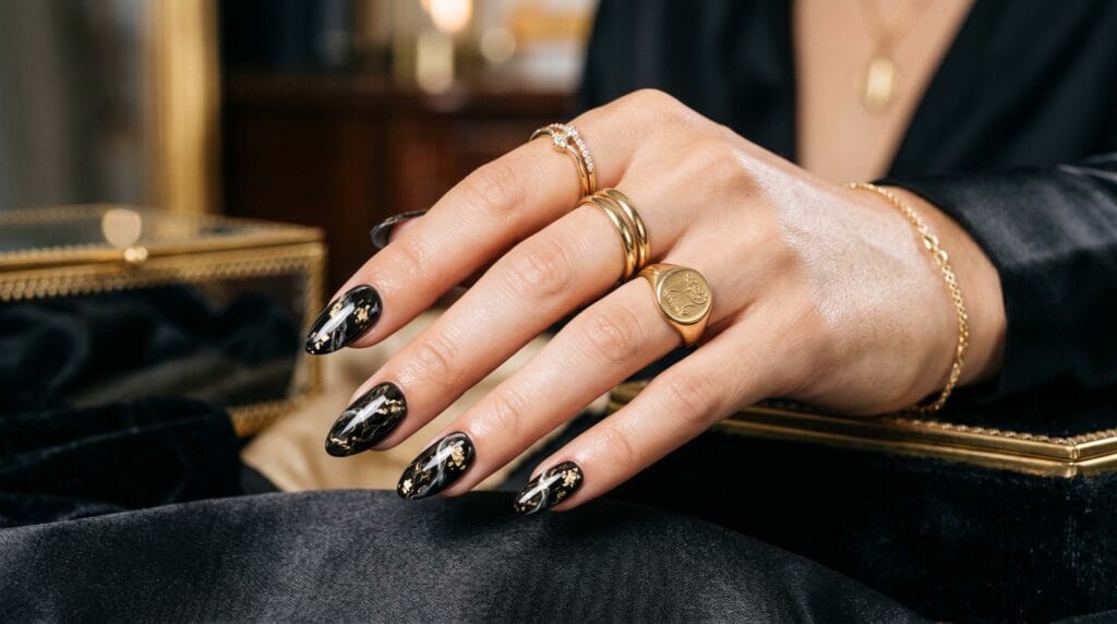 Elegant black and gold marble nail design featuring luxurious metallic accents, sophisticated manicure, and modern nail art styling.