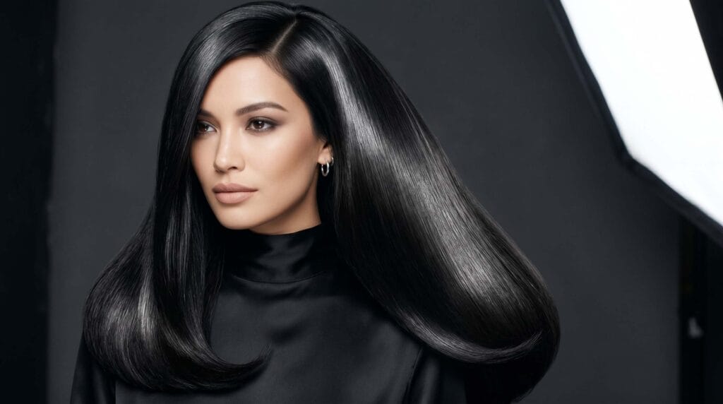 Elegant black hair blowout hairstyle featuring smooth volume, silky texture, and a radiant glossy finish.