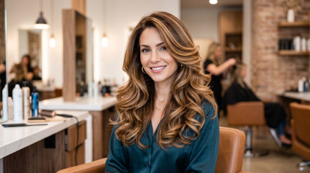 Elegant blowout hairstyle with soft caramel highlights, smooth layered volume, and a glossy salon-finished texture.