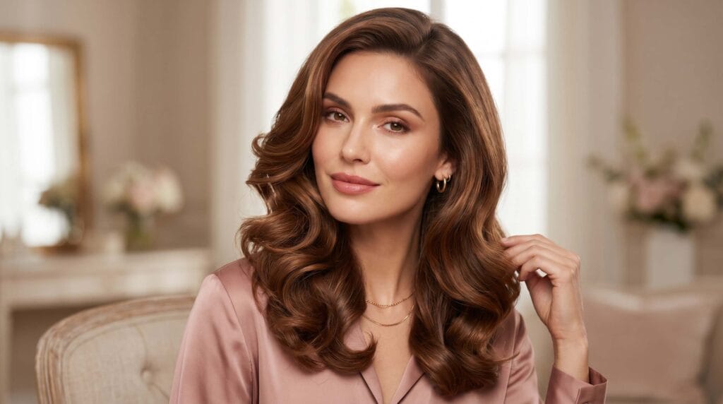 Elegant romantic blowout hairstyle featuring voluminous silk-textured hair with soft movement and a glossy finish.