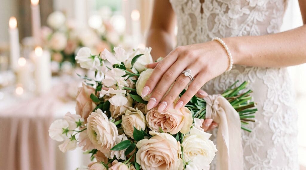 Elegant soft pink bridal nails with pearl accents, romantic wedding manicure, classy nail art design, and timeless bridal beauty inspiration.